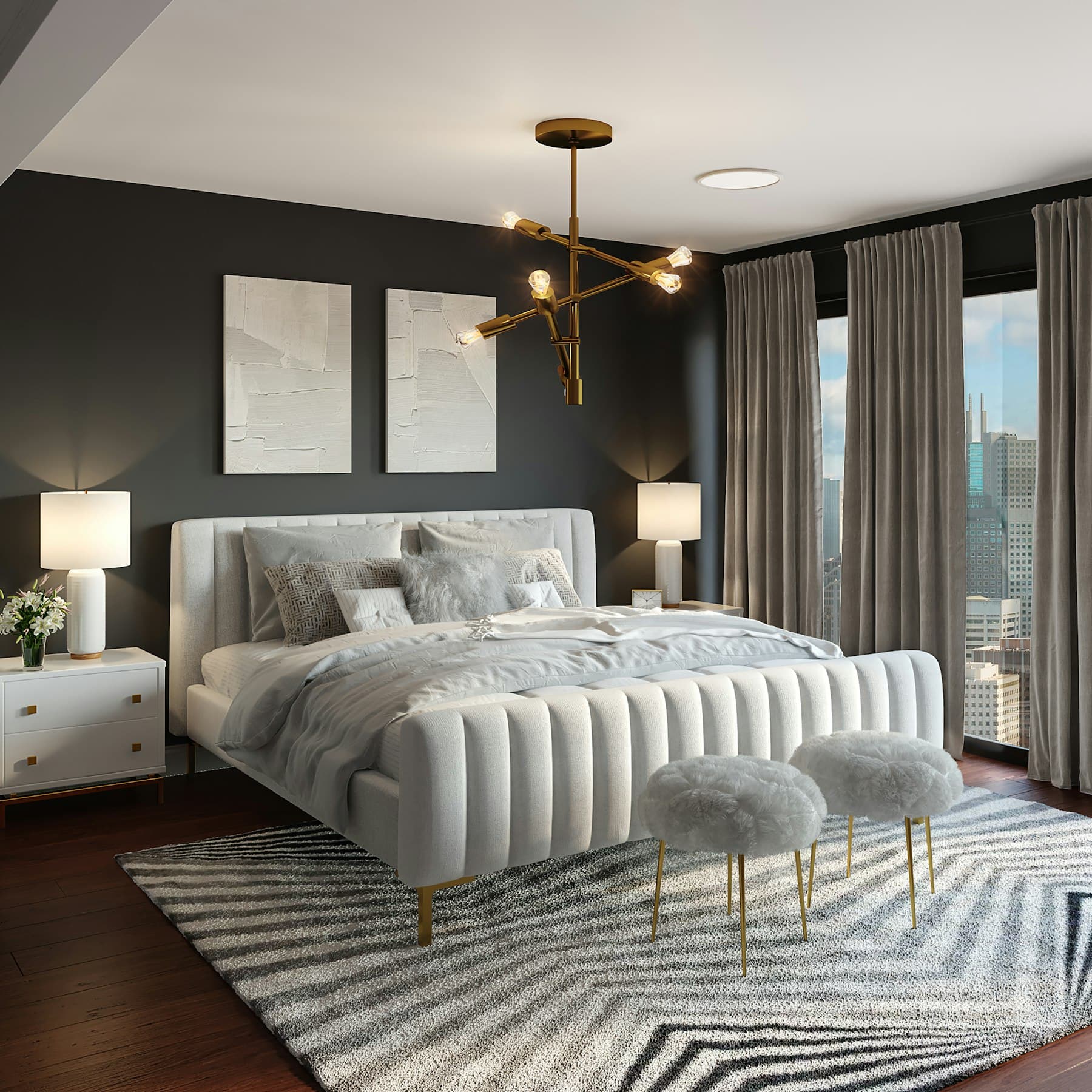 Quarto com parede escura, cabeceira estofada e lustre dourado